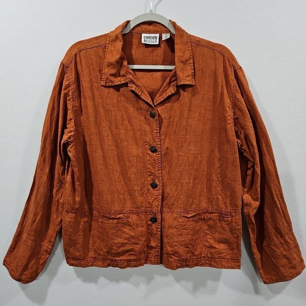 Chicos Jacket Womens Size 2 Large Orange 100% Linen Long‎ Sleeve Casual Button